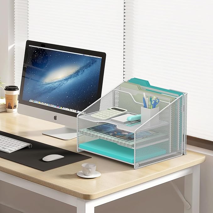 Samstar White Desk File Organizer, Mesh Letter File Folder Holder with 3 Paper Trays and 2 Vertical Upright Section, for Office Supplies, Desk Accessories & Workspace, White