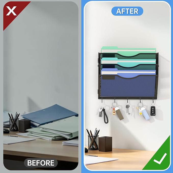 Gawerk Hanging Wall File Organizer, 3 Tier | 5 Hooks, Wall Mounted, Sturdy Mesh, For Office Home