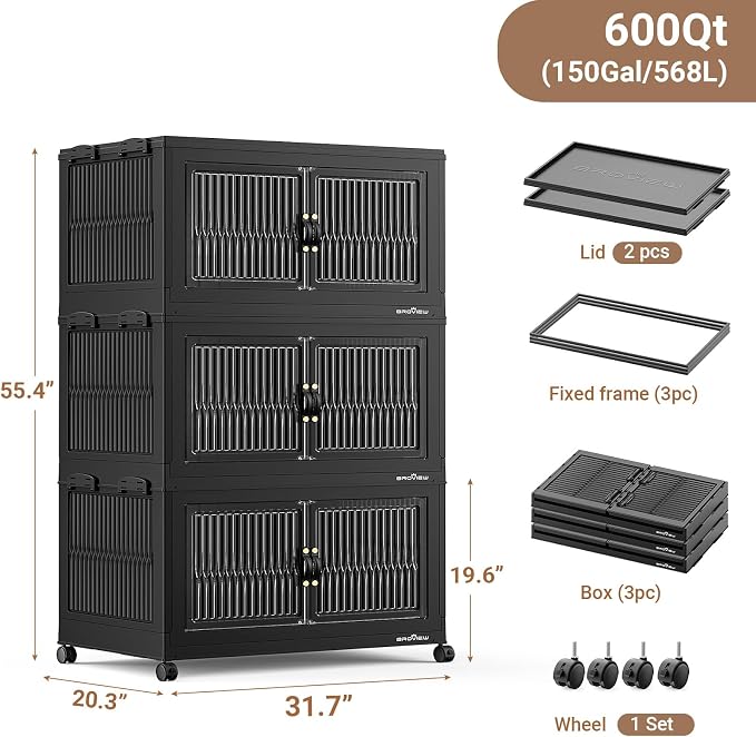BROVIEW 600 Qt Extra Large Stackable Storage Bins with Lid, Plastic Closet Organizer and Storage Drawer, Collapsible Storage Box with Wheels, Folding Storage Cabinet for Closet Organizing, 3Pack Black