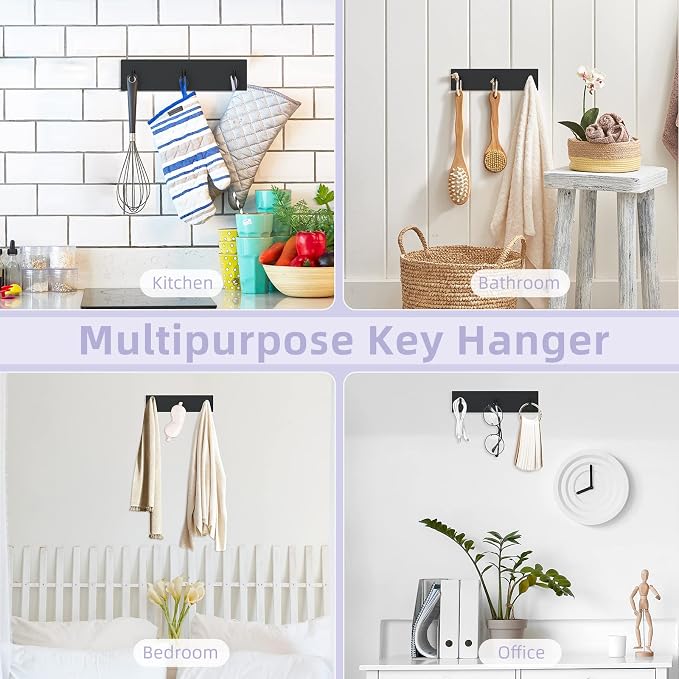 VIS'V Key Holder Wall Mount, Small Adhesive Key Hanger with 3 Hooks, Black | Metal Material, No Drilling, Extra Adhesive Strip, Suitable for Entryway, Hallway, Doorway, Kitchen, Garage, Camper