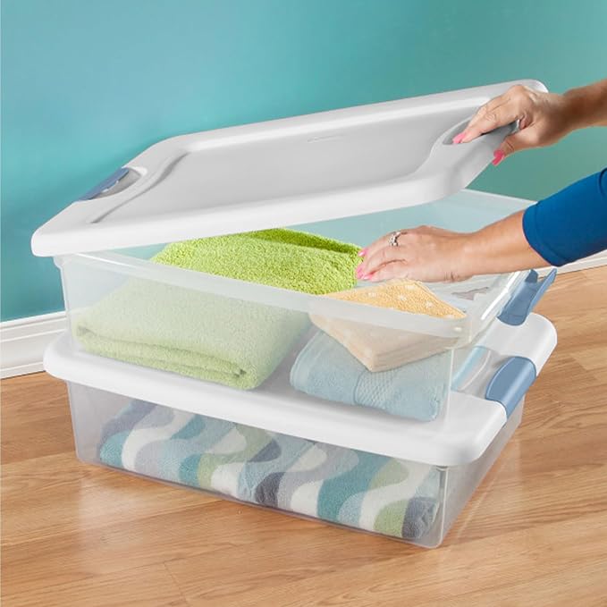 Sterilite Latching Box with Lids for Home and Office, 32 Quart, 18-Pack | Heavy-Duty and Stackable Plastic Containers with Latches for Closet, Cabinet, Bedroom, Bathroom and Dorm Room Organization