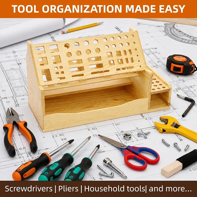 Wooden Screwdriver Organizer, 71 Holes | Workbench Desktop Repair Tools Storage Rack, Multi-functional Hand Pliers Tool Stand Holder for Hammer Wrench