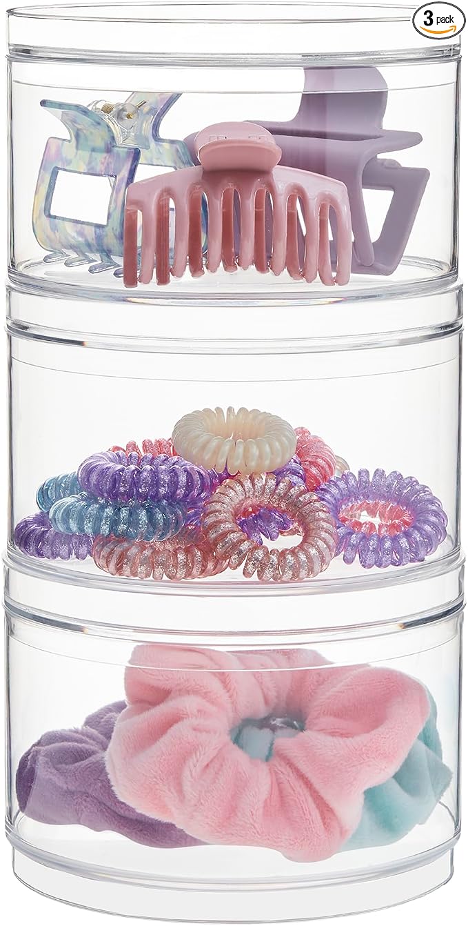 STORi Bella Stackable Clear Plastic Container (Set of 3) Round Vanity Storage Organizers with Lids for Hair Accessories & Beauty Supplies | Made in USA