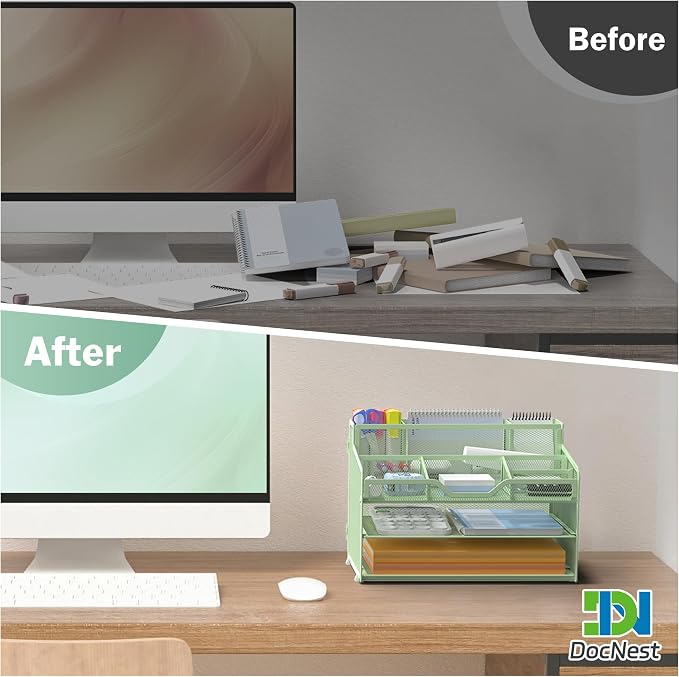 Docnest 3 Tier Mesh Desk Organizer with Letter Tray & Paper Sorter, Green | Features 3 built-in pen holders & 5 adjustable compartments on top. Includes 4 non-slip rubber feet for desk protection