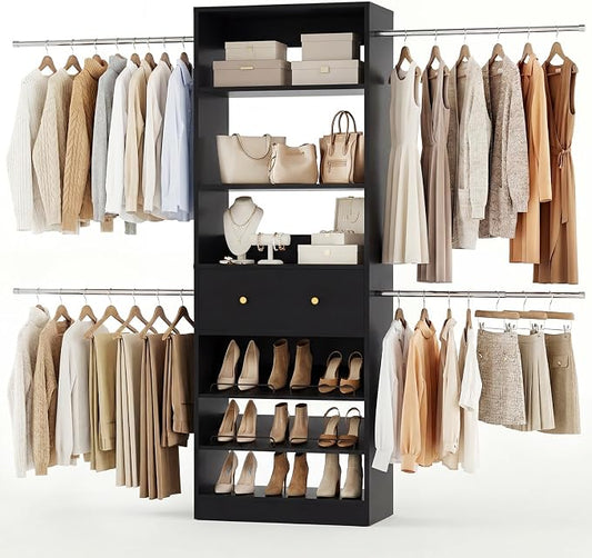 Wood Closet Organizer System - 4FT-9FT Expandable Wardrobe Closet with Drawer & 4 Hanging Rods, Heavy Duty Walk-in Closet 1000Lbs for Bedroom Walk-in Closet, Black