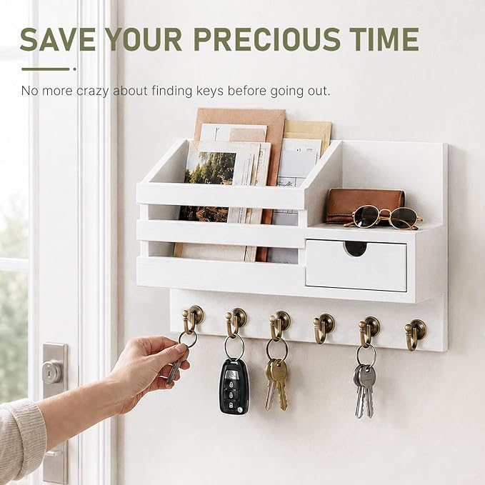 FifthQuarter Key Holder Wall Mount with Drawer and 6 Sturdy Hooks | Wooden Entryway Organizer and Decorative, Easy Installation