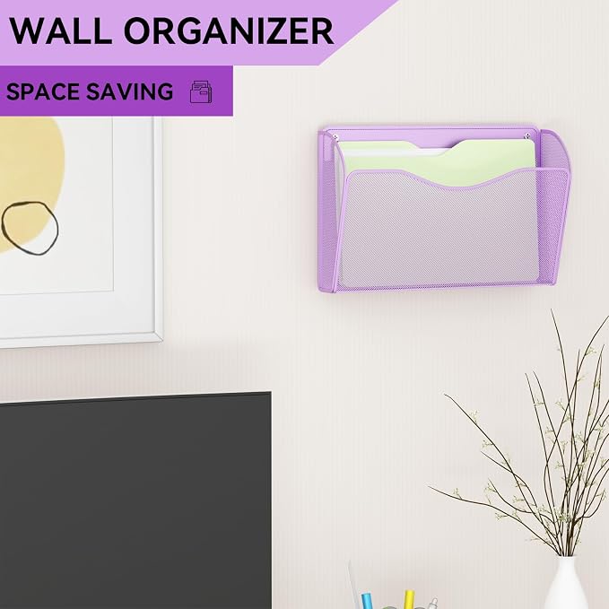 3 Single Pocket Wall File Holder, Mesh Hanging File Folder Paper Organizer, Vertical Wall Mounted Mail Basket, Storage Organization Magazine Rack for Office, Home and School, Light Purple