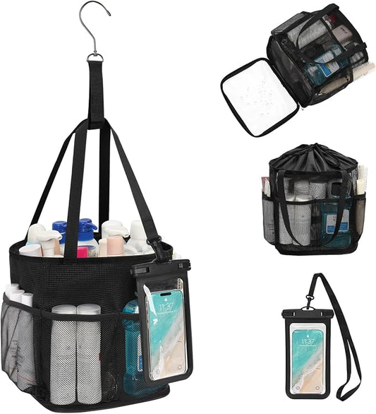 Mesh Shower Caddy Portable for College Dorm Room Essentials, Hanging Shower Caddy with Waterproof Phone Pouch, Large Capacity Shower Bag Basket Tote for Bathroom, Gym, Camping, Swimming, Beach, Black