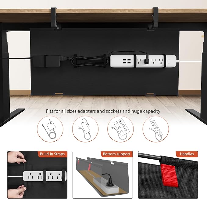 Univivi No Drill Under Desk Cable Management Tray, 28 inch Cable Management | Clamp/Screw Mount Cable Tray under desk, Premium Fabric Cord 0rganizer for Desk, Various Size Cord Organizer for Office, Home