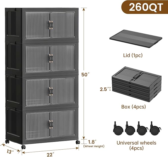 SAILUN 260Qt Stackable Storage Bins Folding Collapsible Storage Bins with Lid, Closet Organizers and Storage Box with Door Black 22" W x 13" D x 50" H