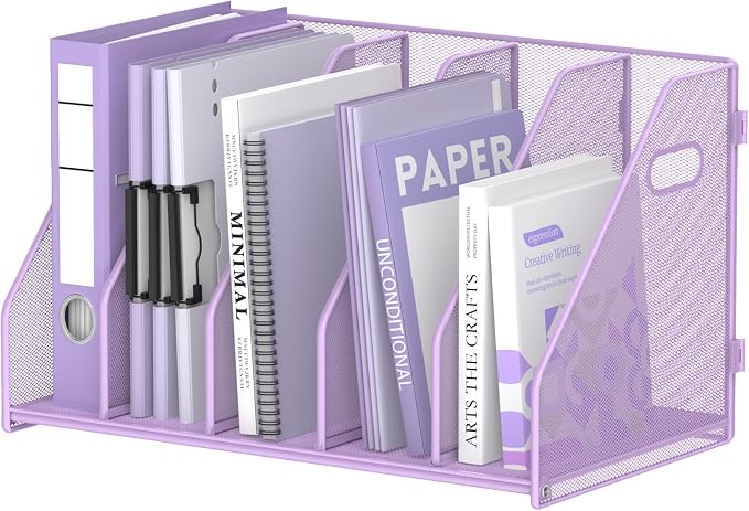 SUPEASY Binder Organizer, Magazine File Holder with 5 Vertical Rack, Purple | Metal Desk File Organizer & Binder Holders, Magazine Organizers for Office Desktop, Home, School, Classroom