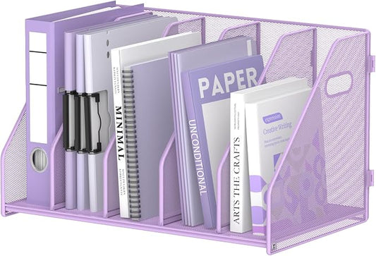 SUPEASY Binder Organizer, Magazine File Holder with 5 Vertical Rack, Purple | Metal Desk File Organizer & Binder Holders, Magazine Organizers for Office Desktop, Home, School, Classroom