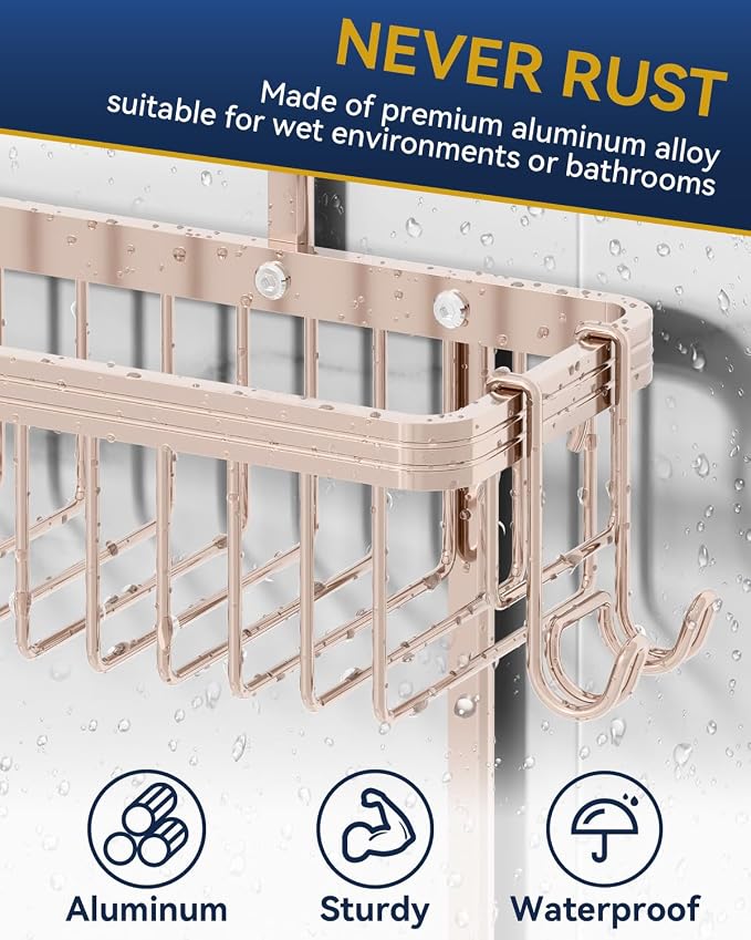 YASONIC Never Rust Shower Caddy Hanging, Aluminum Shower Racks for Inside Shower, 2-Tier Shower Organizer Hanging Over Shower Head with Hooks and Soap Holder, Rose Gold