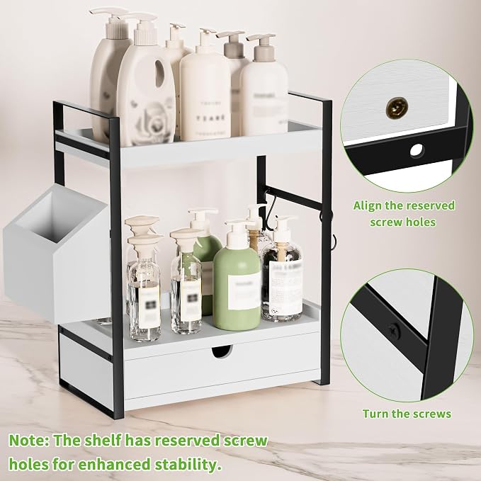 2-Tier Bathroom Counter Organizer, Wooden Vanity Shelf with Drawer & Basket | Pre-Drilled Holes, Skincare & Makeup Countertop Organizer and storage, White