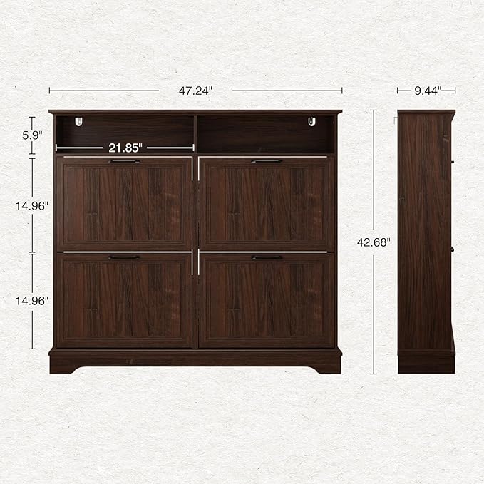 Hidden Shoe Storage Cabinet with 4 Flip Drawers & Open Storage | Farmhouse Modern Shoes Rack Cabinet,Adjustable Shelves ,Narrow Slim Shoe Organizer for Front Door Entrance, Entryway, Walnut