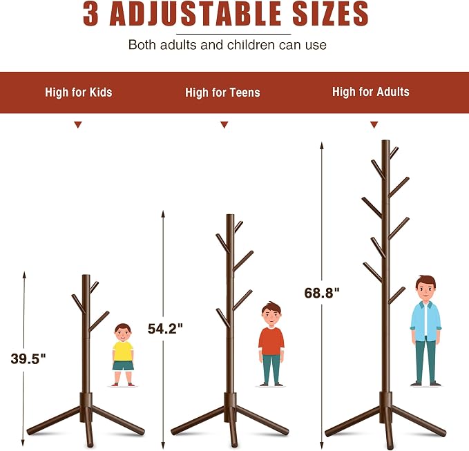 8-Hook Freestanding Coat Rack 3 Adjustable Heights Sturdy Brown | Easy Tool-Free Setup,Ideal for Entryway Bedroom Hallway Office,Holds Clothes Hats Handbags,Space-Saving Vertical Design