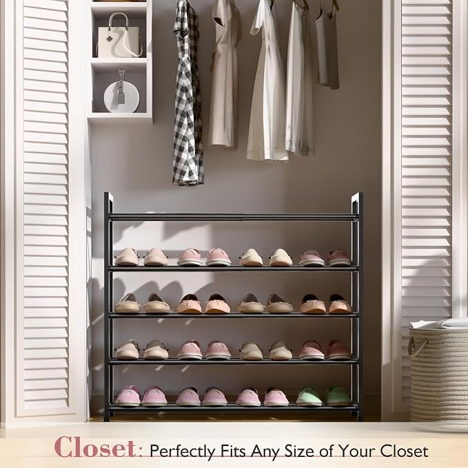 Bumusty 5 Tier Expandable Shoe Rack for Closet, Black | 18"-33" Adjustable Shoe Rack for Entryway, Small Shoe Organizer for Dorm, Front Door, Sturdy Metal