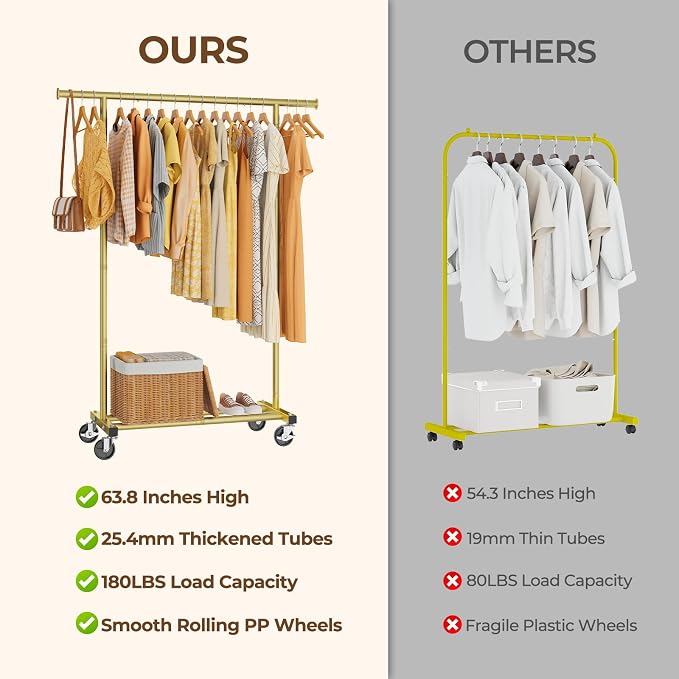 HYSEYY Clothes Rack, Clothing Rack for Hanging Clothes, Rolling Garment Rack Sturdy Coat Rack Portable Wardrobe Rack Metal Closet Rack for Bedroom Laundry Living Room, Warm Gold