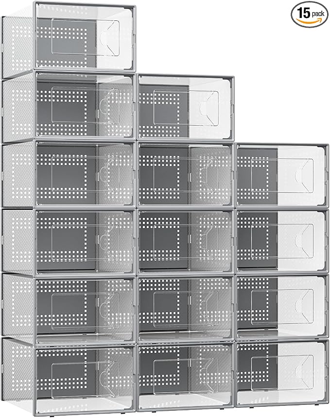 Foluck X-Large Shoe Storage Box, 15 Pack Clear Plastic Stackable Shoe Organizer for Closet, Interlocking Design Shoe Container Bins for Sneakers, Foldable Shoe Rack with Lids, Gray