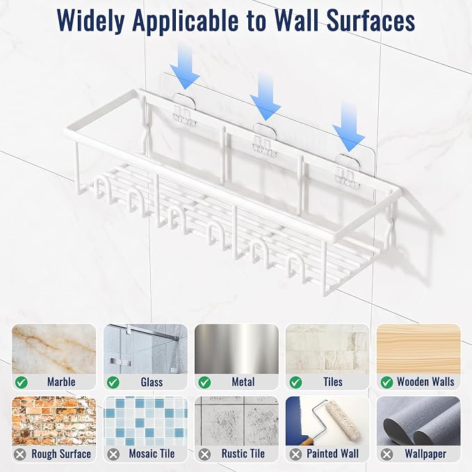 8 Pack Adhesive Rustproof Shower Caddy with Soap Dishes, Toothbrush Holder & Hooks, Large Capacity No-Drilling Shower Shelves Rack for Bathroom Organizers and Storage Accessories, White