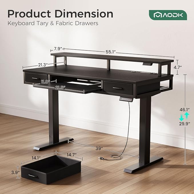 AODK 55 Inch Electric Standing Desk with Drawers & Keyboard Tray, Black | 3 Outlets & 2 USB Ports, LED Lights, Monitor Stand, Cable Management Tray, 3 Memory Heights, 29.9"-46.1" in Range