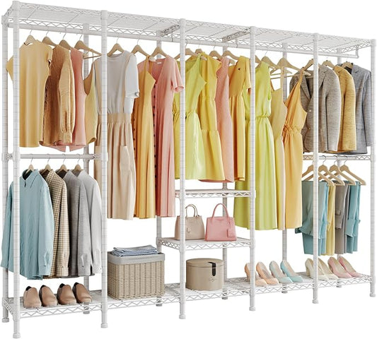 Higeego H5 Clothing Rack for Hanging Clothes, Heavy Duty Closet Rack, White | Large Garment Rack, 93.3"Wx15.7"Dx75.4"H, Freestanding Wardrobe Closet, with Adjustable Shelf, Load 1400 lbs