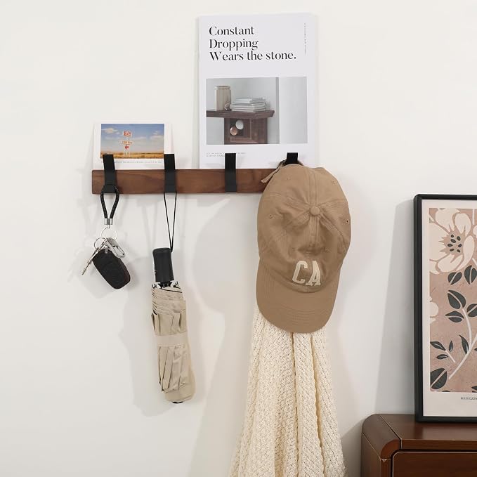 Coat Rack Wall Mount - 15.7 Inches Walnut Wood Coat Hooks Coat Rack Wall Mount with 4 Hooks Black Aluminum Coat Hooks for Hanging Coat Hat Bag Hat Rustproof Coat Hanger