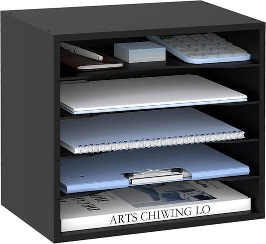 5 Tier Wood Desk Organizer, Mail Sorter and Paper Organizer for Desk, Black | Wooden Desktop Organizer for Sorting Papers, Letters and Mails, Literature Organizer for Home Office, Classroom Organization