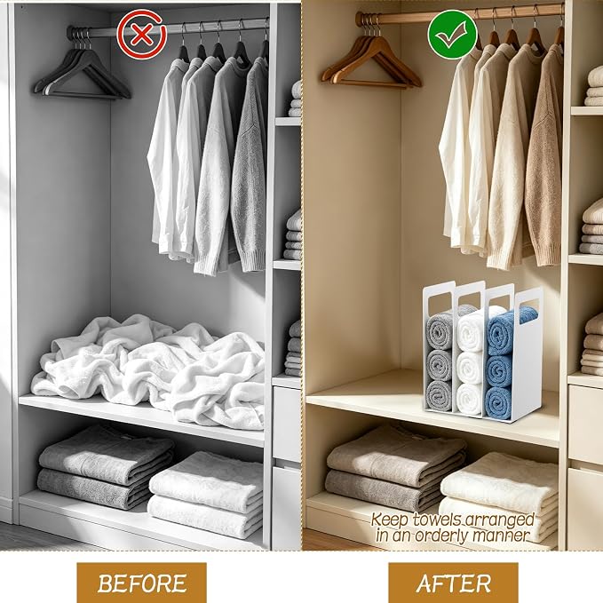 Interlocking Towel Organizer 4-Pack, Metal Bathroom Storage Shelf Rack with Adjustable Width & Pads, Freestanding Countertop Towel Holder for Cabinet, Closet, Hotel