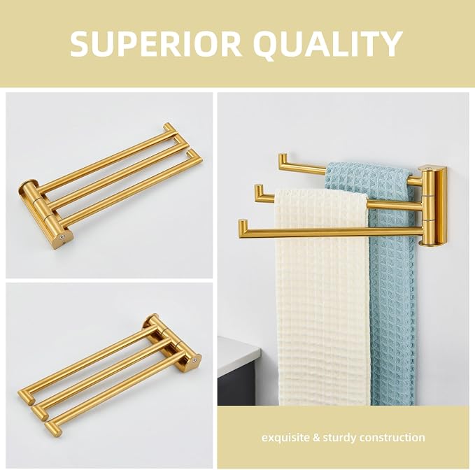 Angle Simple Hand Towel Holder for Bathroom, Swivel Bars, Brushed Dark Gold | Kitchen Towel Rack 9.84", SUS304 Stainless Steel, Foldable 3 Arms Hanger Space Saving