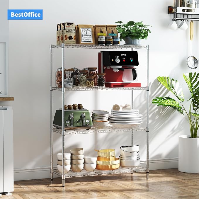 BestOffice | 4-Tier Wire Shelf | 36" x 14" x 54" | Chrome | Storage Shelves with Adjustable Racks, Holds upto 1000 lbs | Rust-Resistant, No-Tool Assembly | For Home, Garage