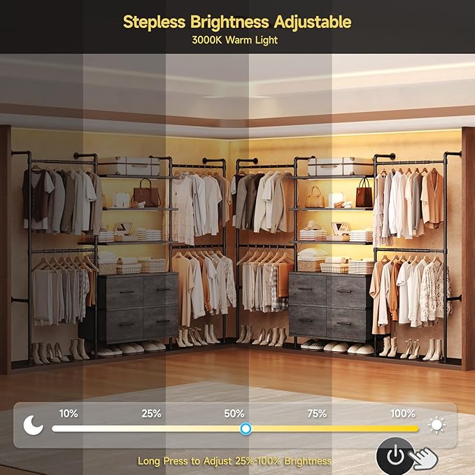 T3 Closet System with Stepless Dimmable LED Light, Industrial Pipe Clothing Rack with 4 Drawers, 6 Wooden Shelves & 4 Telescopic Rods, Heavy Duty Closet Organizers in Wardrobe Closet (Black Gray Oak)