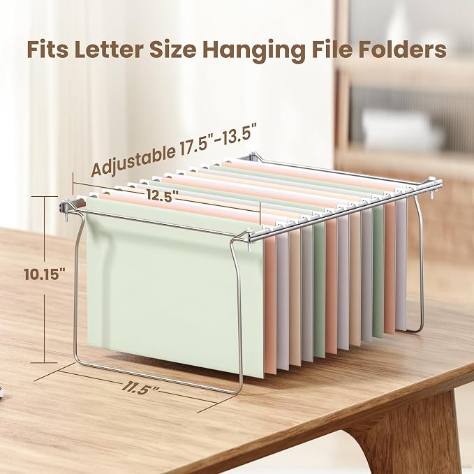 SUNEE Hanging File Folder Frame, Letter Size File Drawer Organizer for Desks, Adjustable File Cabinet Rails 13.5 to 17.5 Inches, Set of 2