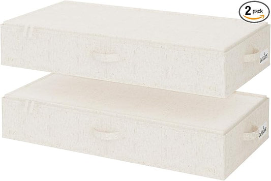 StorageWorks Underbed Storage Containers with Lids, 2-Pack 6" Low Profile Under Bed Organizers for Clothes, Bedding and Sweaters, 53L Large Fabric Storage Bins, Foldable Space Saving, Light Beige