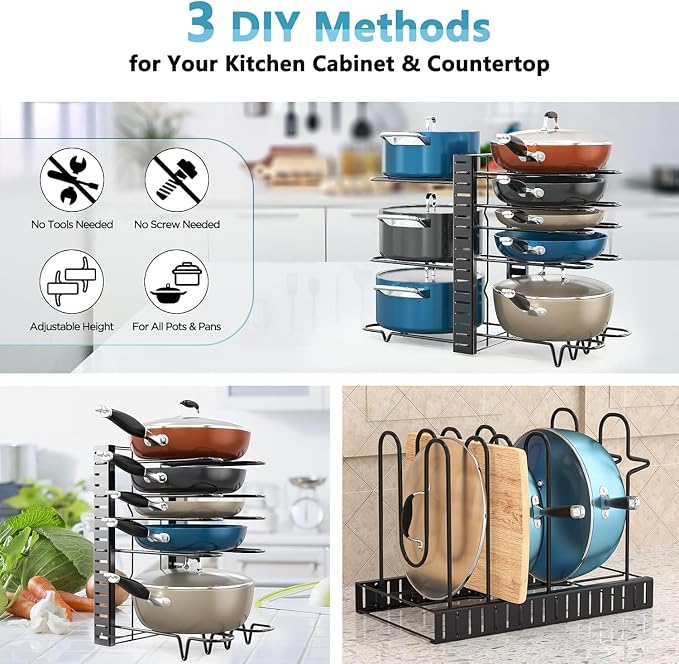 Pots and Pans Organizer Under Cabinet 16.6" 8-Tier Adjustable 2-Pack | 3 DIY Modes, Tool-Free Assembly, Non-Slip, Fits Lightweight Pots Up to 11", For Kitchen Cabinets, Shelves & Countertops