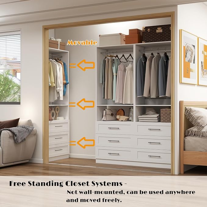 Dilando Closet System with 9 Drawers, 6FT-15FT Closet Organizer System Modular Custom Walk-in Closet Corner Small Freestanding Closets Storage Clothes Rack with 6 Hanging Rods White (6FT)