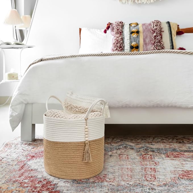Mkono Woven Storage Basket for Blanket, Toys Plant Organizer, 11"W x 11"L | Cream White and Brown, Decorative Basket with Handle, Wood Beads Tassel, Shoes Towel Storage Bin, Living Room Bedroom Nursery