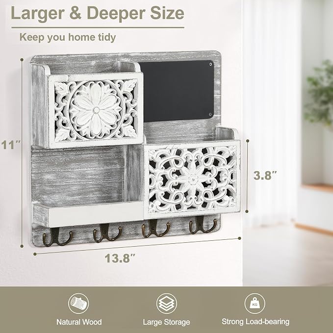 Mail Organizer Wall Mounted | 2 Slots Key Holder for Wall with 8 Hooks, Rustic Wood Key Rack with Shelf for Entryway Hallwall Farmhouse