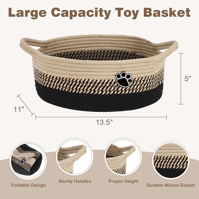 Optish Dog Toy Basket, Toy Box and Bin for Dog Cat Storage, 13.5" X 11" X 5" Small Woven Rope Basket for Baby Storage, Closet, Living Room, Brown & Black