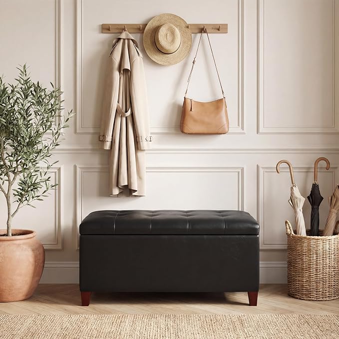 Storage Ottoman Bench, 33" Faux Leather Upholstered End of Bed Bench with Safety Hinge,Wooden Legs,for Entryway Bedroom Living Room,Black