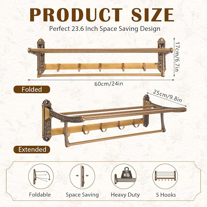 Brass Foldable Towel Rack with Hooks, Foldable Wall Mounted Bathroom Shelf Towel Bars Antique Gold Aluminum Rail Holder for Bathroom, Entryway, and Kitchen(2-Tier Vintage Style,24")