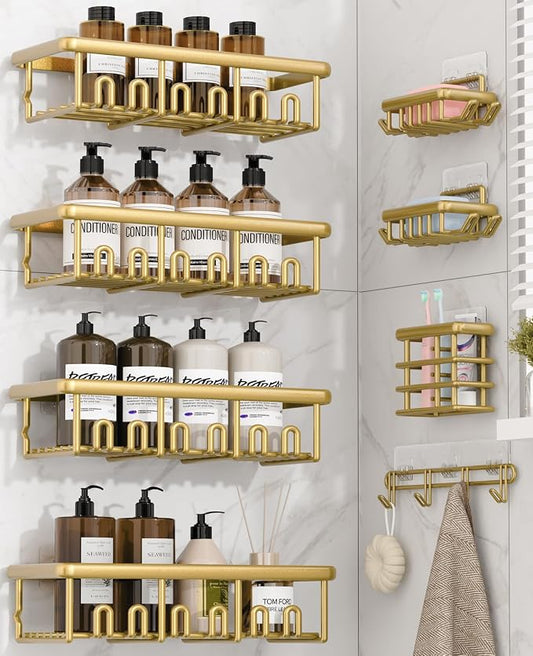 8 Pack Adhesive Rustproof Shower Caddy with Soap Dishes, Toothbrush Holder & Hooks, Large Capacity No-Drilling Shower Shelves Rack for Bathroom Organizers and Storage Accessories, Gold