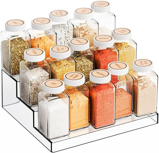 3 Tier Clear Acrylic Spice Rack Organizer for Cabinet and Pantry Shelf - 10.3″L x 9.4″W Tiered Spice Rack & Holder,Step Shelves for Vitamin,Medicine Bottle,Jar,Can,Condiment,Seasoning Shelf