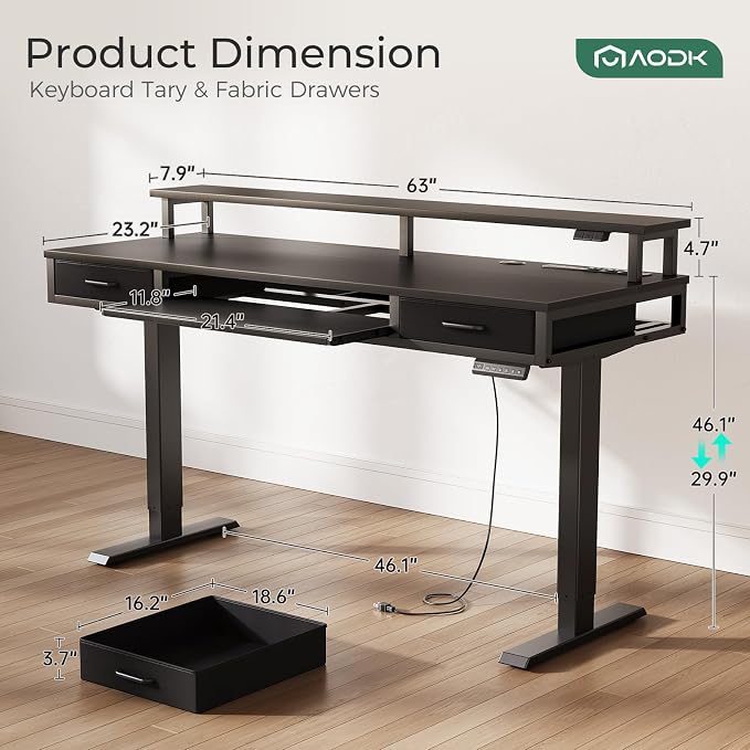 AODK 63 Inch Electric Standing Desk with Drawers & Keyboard Tray, Black | 3 Outlets & 2 USB Ports, 20-Mode LED Lights, Monitor Stand, Cable Management Tray, 3 Memory Heights, 29.9"-46.1" in Range