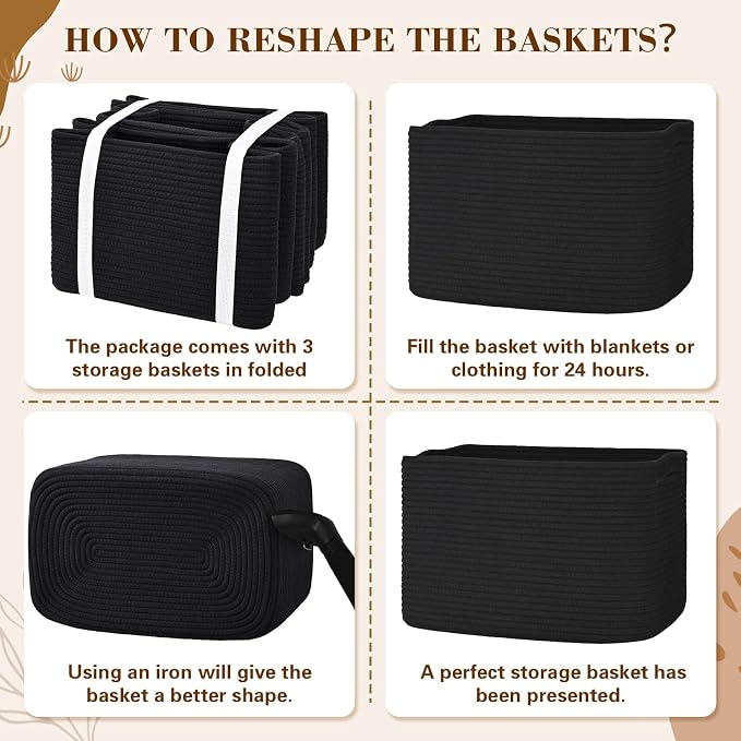 Baskets for Organizing,Storage Baskets,3 Pack Baskets for Shelfves,15"×10"×9" Woven Black Basket,toy storage bins,bins for organization