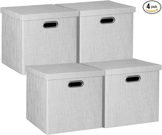 Posprica Storage Bins with Lids,13×13×13 Foldable Storage Cube Baskets Boxes Fabric Drawers for Closet Shelf Cabinet Bookcase,Set o f 4,Sliver grey