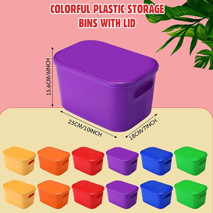 Thyle 12 Pack Colorful Plastic Storage Bins with Lids 7 Quart Vibrant Colored Toy Storage Box Stackable Nestable Organizer Box with Handle and Label for Classroom Shelf Bedroom Desktop School Supplies