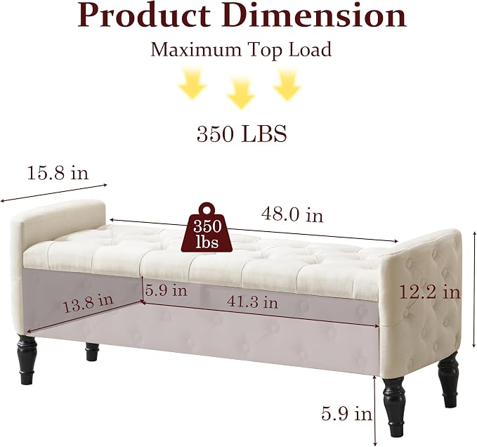 Royal Windsor 48" Ottoman with Storage,Tufted Storage Bench with Safety Hinge,Holds up to 350 lb,Black Wood Legs,Upholstered Bench with Arms for Bedroom,Living Room,Entryway,Linen Beige