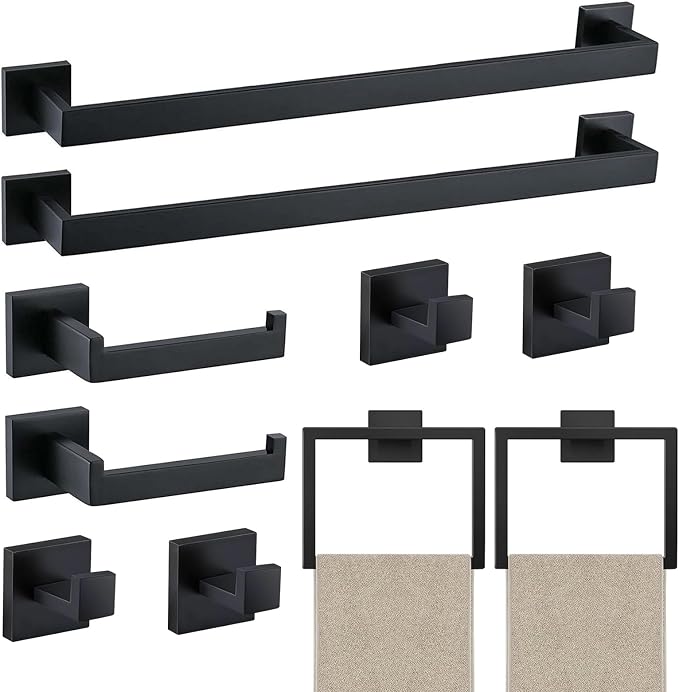 JOPOFI 10 Piece Towel Bar Set - 23.6 Inch Bath Towel Holder - Matte Black | Stainless Steel Towel Racks for Bathroom Wall Mounted, Towel Rod for Bathroom Wall