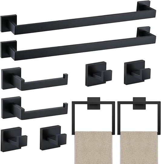 JOPOFI 10 Piece Towel Bar Set - 23.6 Inch Bath Towel Holder - Matte Black | Stainless Steel Towel Racks for Bathroom Wall Mounted, Towel Rod for Bathroom Wall